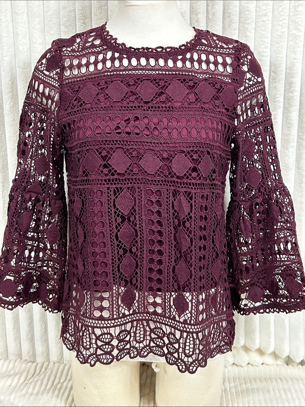 Ellison Plum Crochet Bell-Sleeve Lace Top M